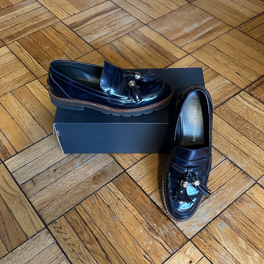 Stuart Weitzman Glossy Navy Tassel Loafers